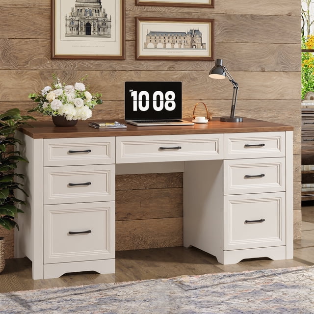 Vabches Farmhouse Executive Desk with 2 Large File Drawers and 5 Drawers, 60" Executive Desk, Workstation Table for Study