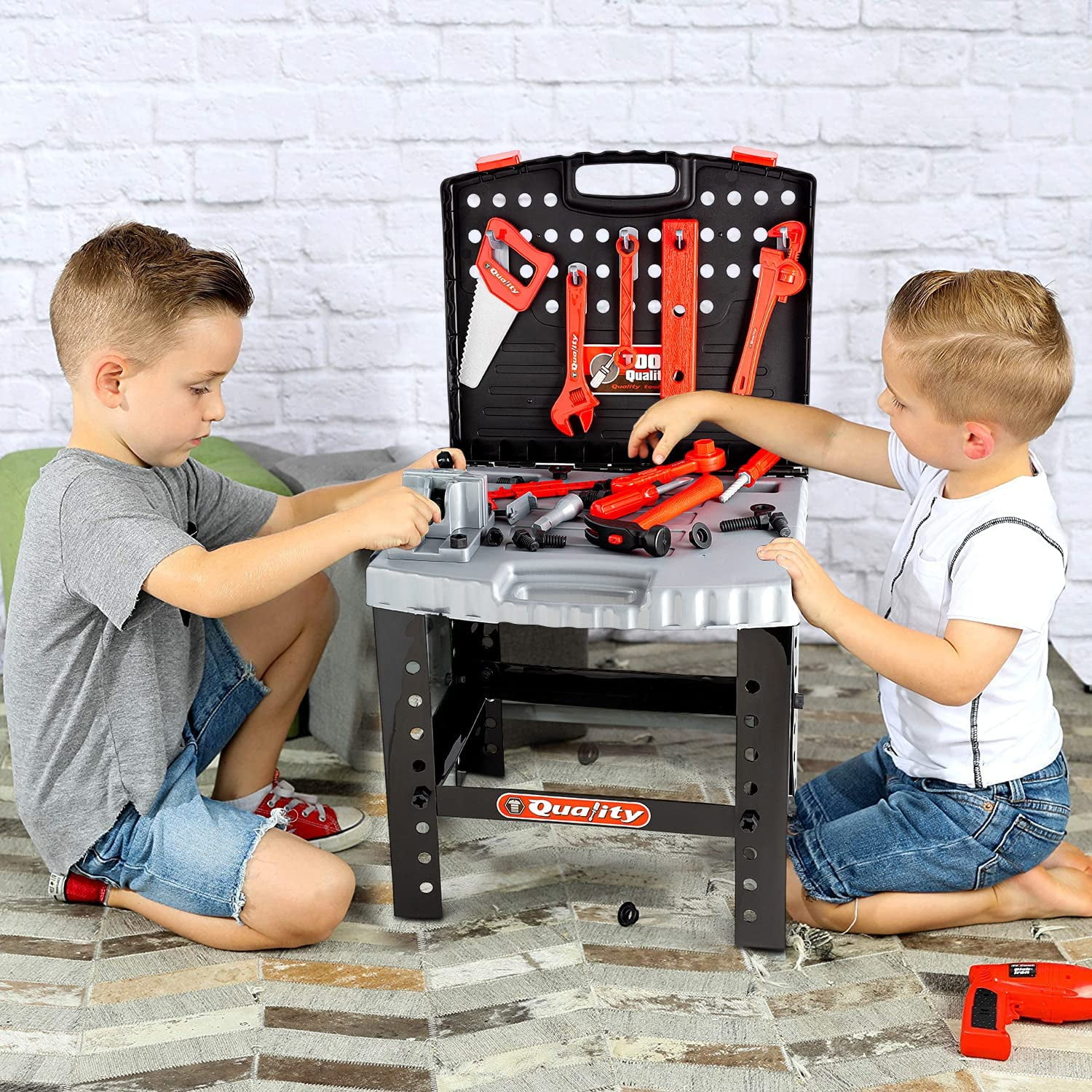 POFJOEQ Kids Tool Bench for Toddlers，Kids Tool Set with Realistic Tools and  Electric Dril，Build Your Own Toy Tool Box-74 Realistic Toy Tools and