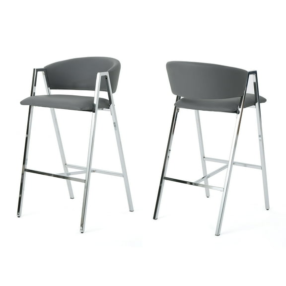 GDF Studio Christian Modern Faux Leather Upholstered 28.5 Inch Barstool, Set of 2, Gray and Chrome