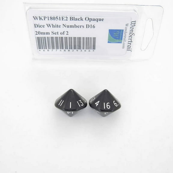 Black Opaque Dice with White Numbers D16 20mm (25/32in) Set of 2 Wondertrail