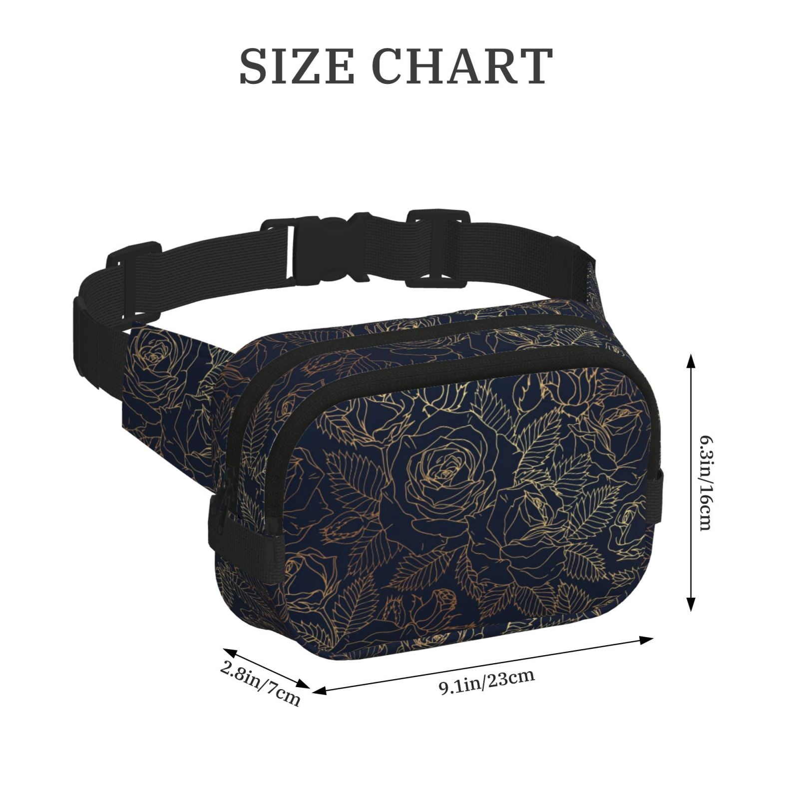Picia Copper-Gold Gloss Outline Rose Print Square Double-Layer Waist Bag Mini Adjustable Waist Belt Bag Exercise Running Travel Hiking