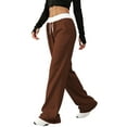 thumbnail image 3 of Women'S Contrast Color Waistband Sweatpants Wide Leg Pants with Drawstring Buckle Brown M, 3 of 8
