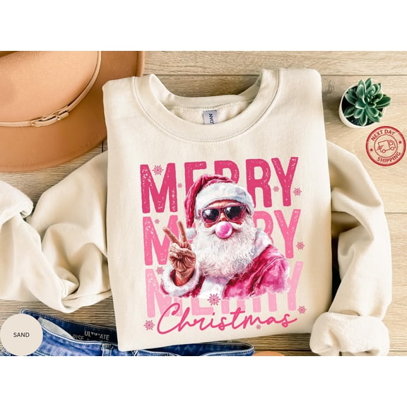 Pink Merry Christmas Santa Sweatshirt | Trendy Bubblegum Holiday Pullover