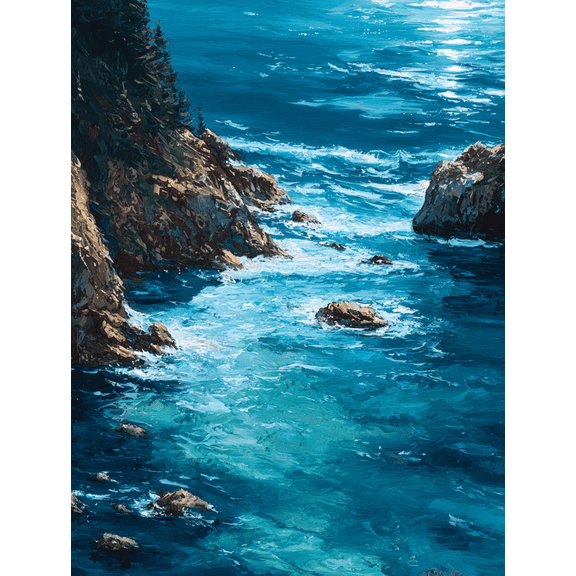 Ocean Waves Rocky Coastline Impasto Canvas Print Wall Art for Living Room Office Coastal Decor
