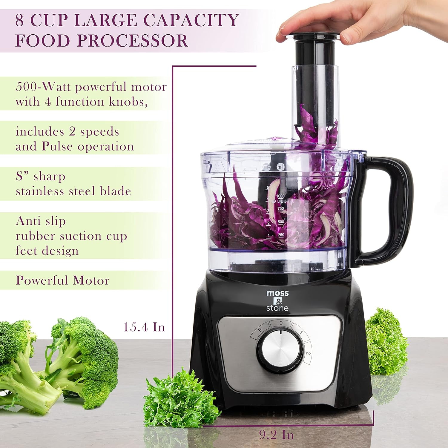 Moss & Stone 8-Cup Black Food Processor, Electric Chopper & Grinder, 500W