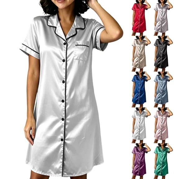 Tranfacy Women Summer Sleepshirt Solid Open Front Short Sleeve Dress Casual Indoor Loungewear