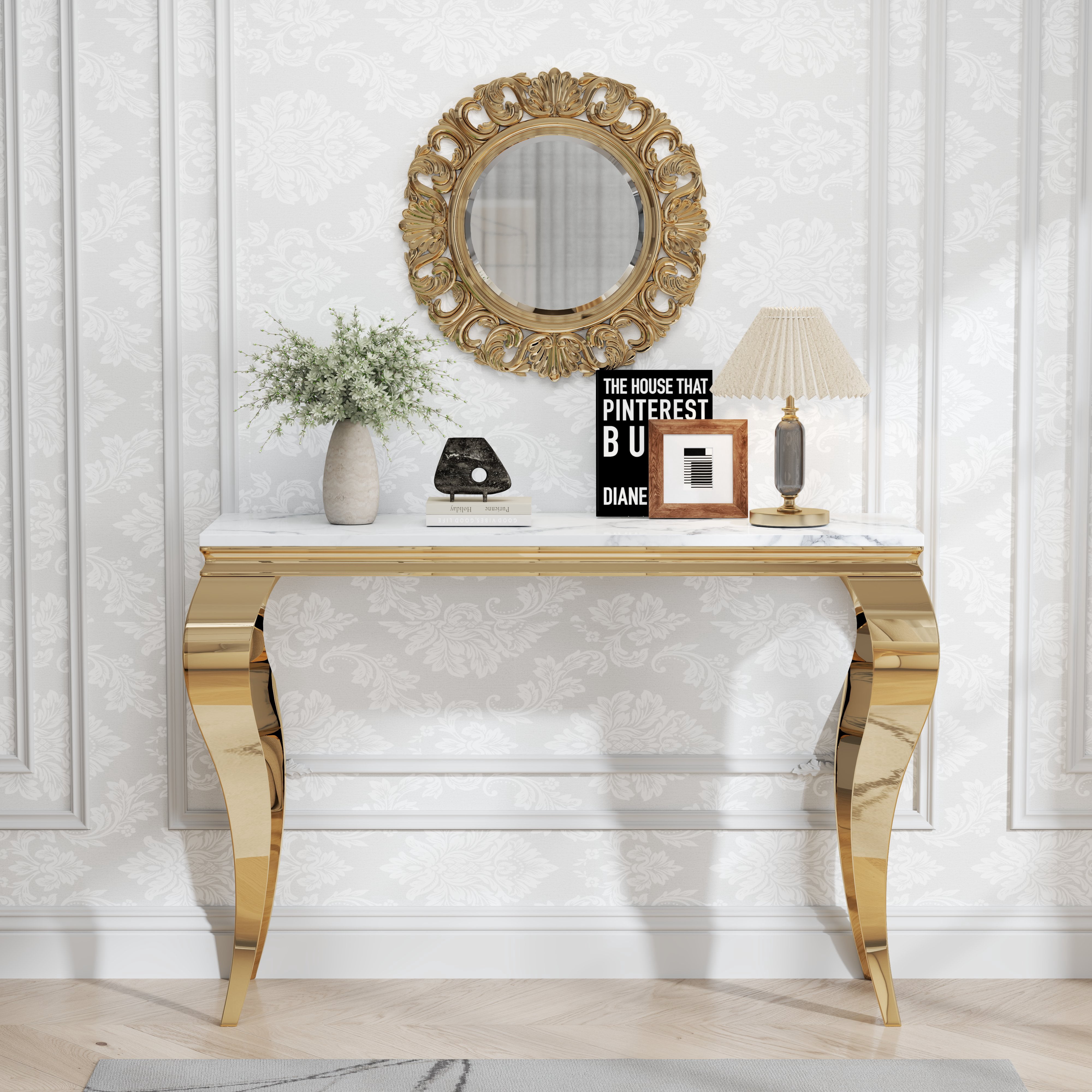 47" Modern Faux Marble Console Table, Rectangular Top & S-Shaped Stainless Steel Base, Narrow Entryway Table for Entrance, Hallway, Foyer, or Living Room