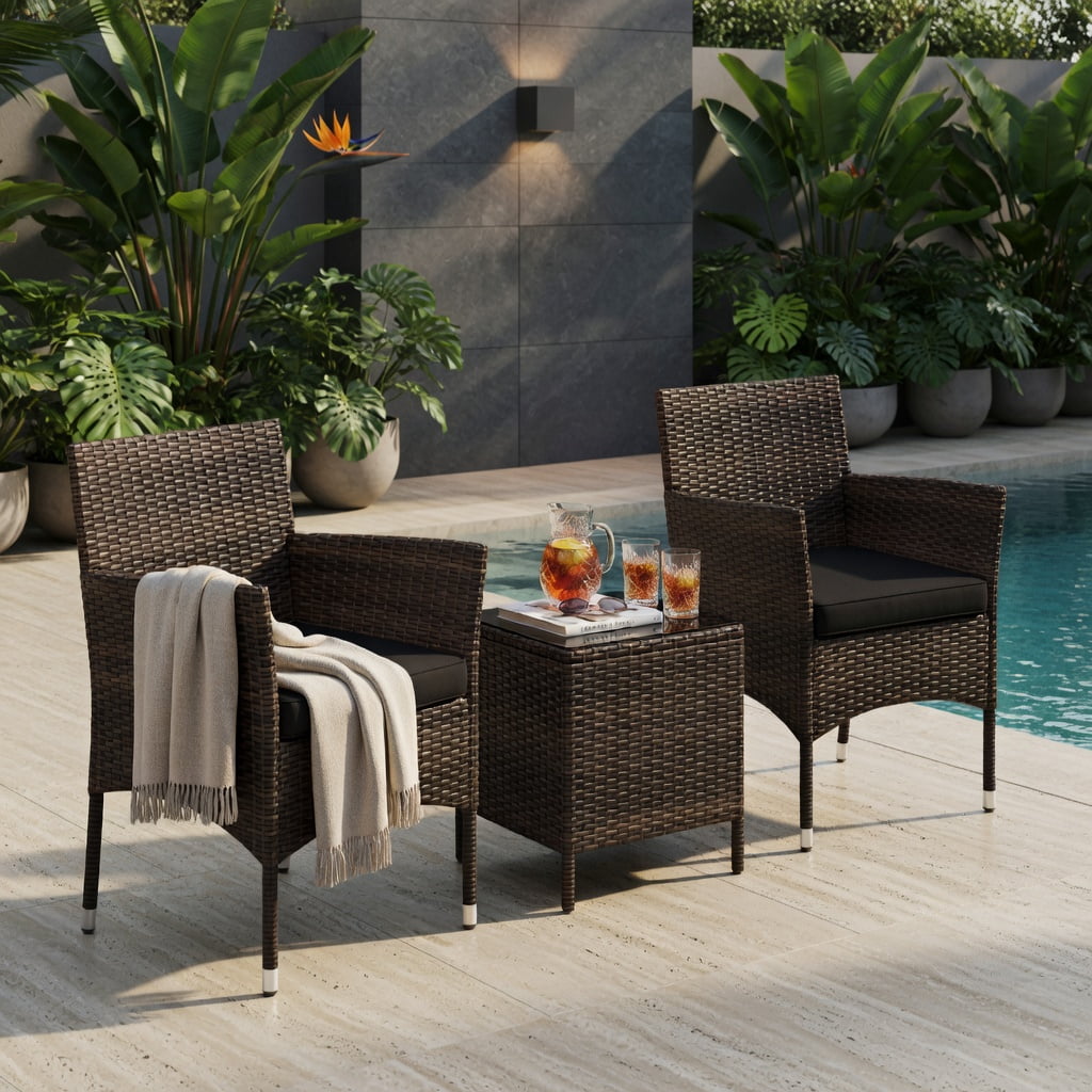 Hommoo 3-Piece Outdoor Wicker Conversation Set, Metal Frame, Tempered Glass Coffee Table & Ergonomic Rattan Chairs for Patio, Backyard, Poolside, Black