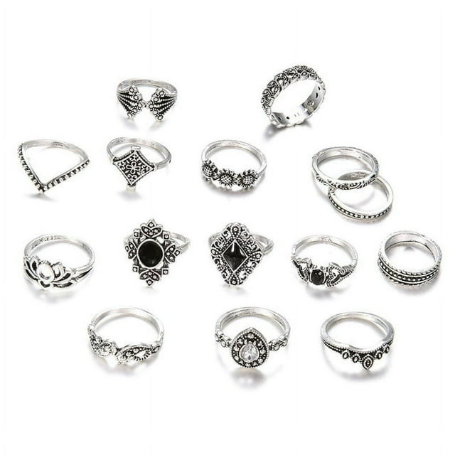 15Pcs Bagues pour les Filles Bague Noire Ensemble de Mode Bijoux de Style Bohème