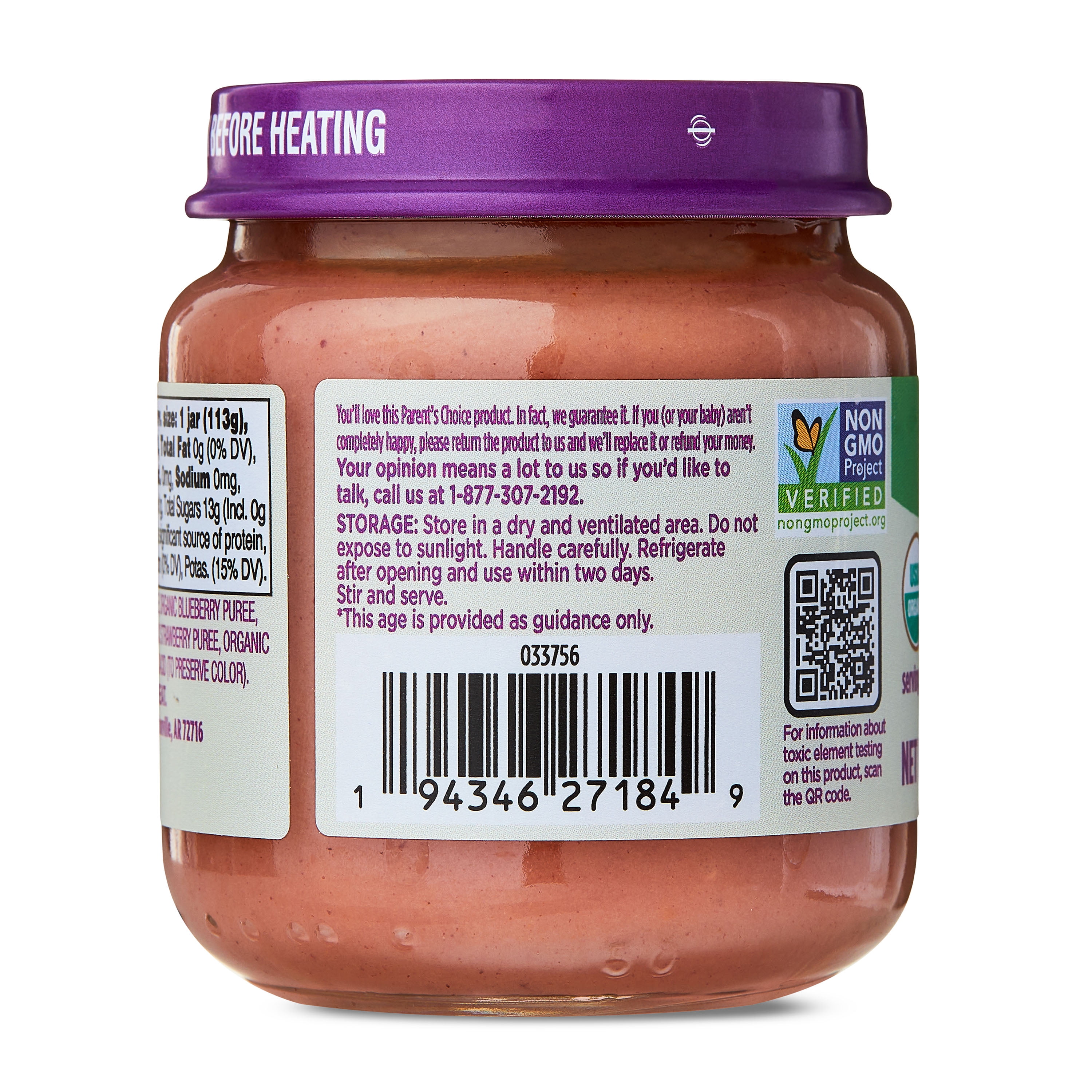 (12 pack) Parent's Choice Organic Stage 2 Baby Food Banana, Mixed Berry, and Apple Puree, 4 oz Jar
