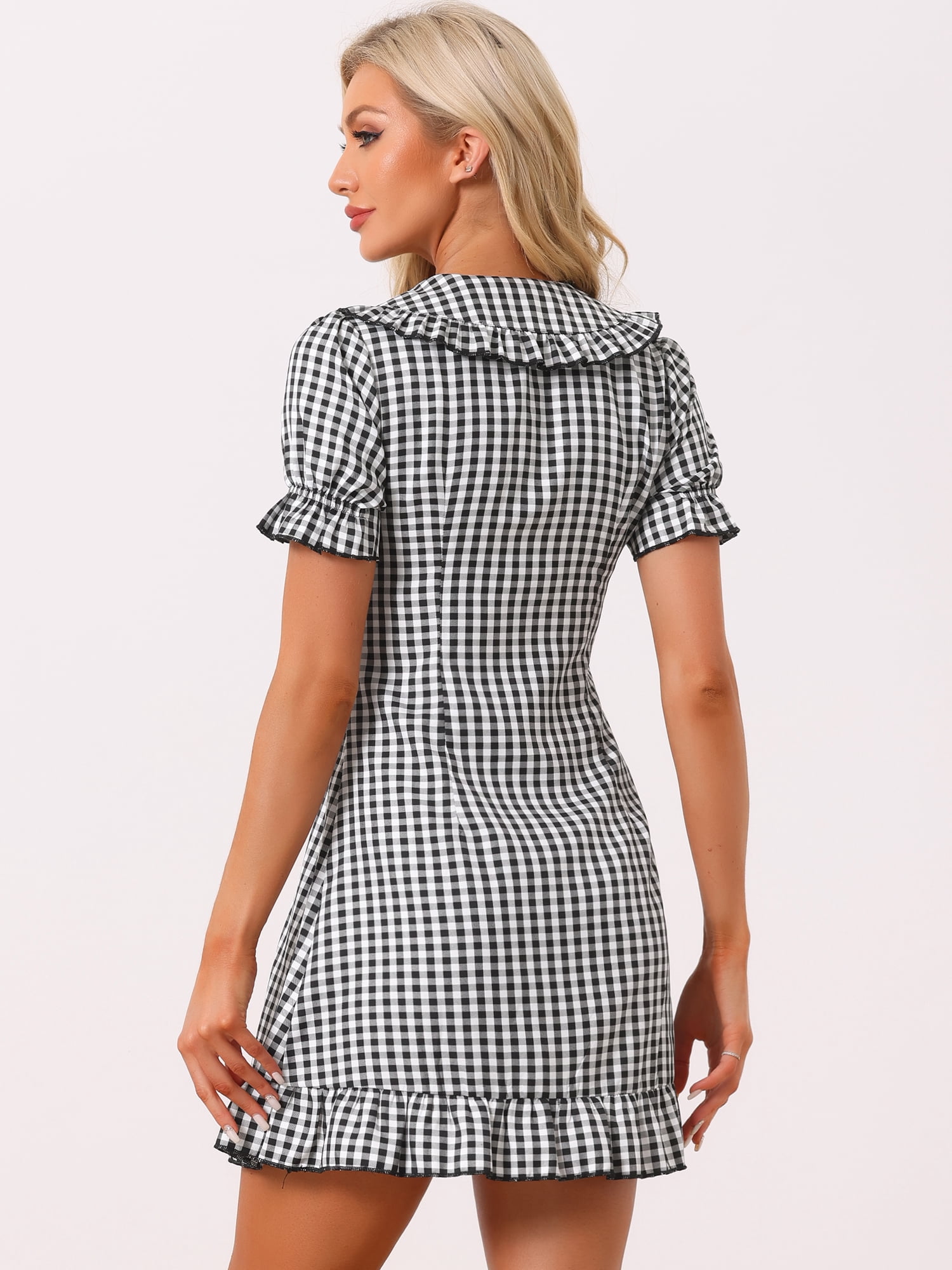 DARING DIVA Gingham Print Ruffled Doll Collar Puff Sleeve Mini Dress L Black White