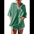 thumbnail image 1 of Conjunto de Suéter de Mujer de 2 Piezas, Top de Punto con Cuello en V y Mangas 3/4 Extragrandes, Pantalones Cortos de Cintura Alta, Conjuntos de Estar por Casa. Verde XL, 1 of 8