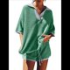 thumbnail image 1 of Conjunto de Suéter de Mujer de 2 Piezas, Top de Punto con Cuello en V y Mangas 3/4 Extragrandes, Pantalones Cortos de Cintura Alta, Conjuntos de Estar por Casa. Verde XL, 1 of 8