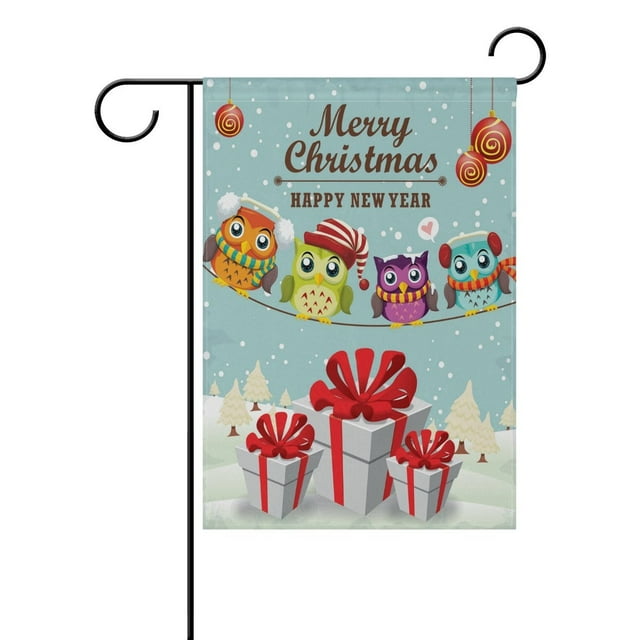 POPCreation Vintage Christmas Poster Design With Owl Polyester Garden Flag Outdoor Flag Home Party Garden Decor 12x18 inches