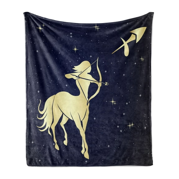 Zodiac Sagittarius Soft Flannel Fleece Throw Blanket, Starry Night with Constellation Silhouette of a Centaur, Cozy Plush for Indoor and Outdoor Use, 50" x 60", Pale Yellow Dark Blue, by Ambesonne