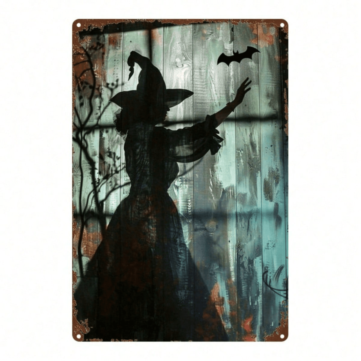 Halloween Witch And Bat Silhouette Metal Sign, 8x12 Inch 2D Flat Durable Vintage Metal Plaque, Halloween Themed Wall Decor