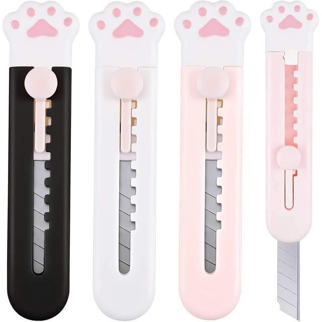 Kawaii Box Cutter Set For Cutting Plastic Packaging Boxes Tapes, Handy Tool With Cute Kitty Paw Design Retractable Knives Mini Cute Pocket Knife For Office DIY Projects (3PCS)