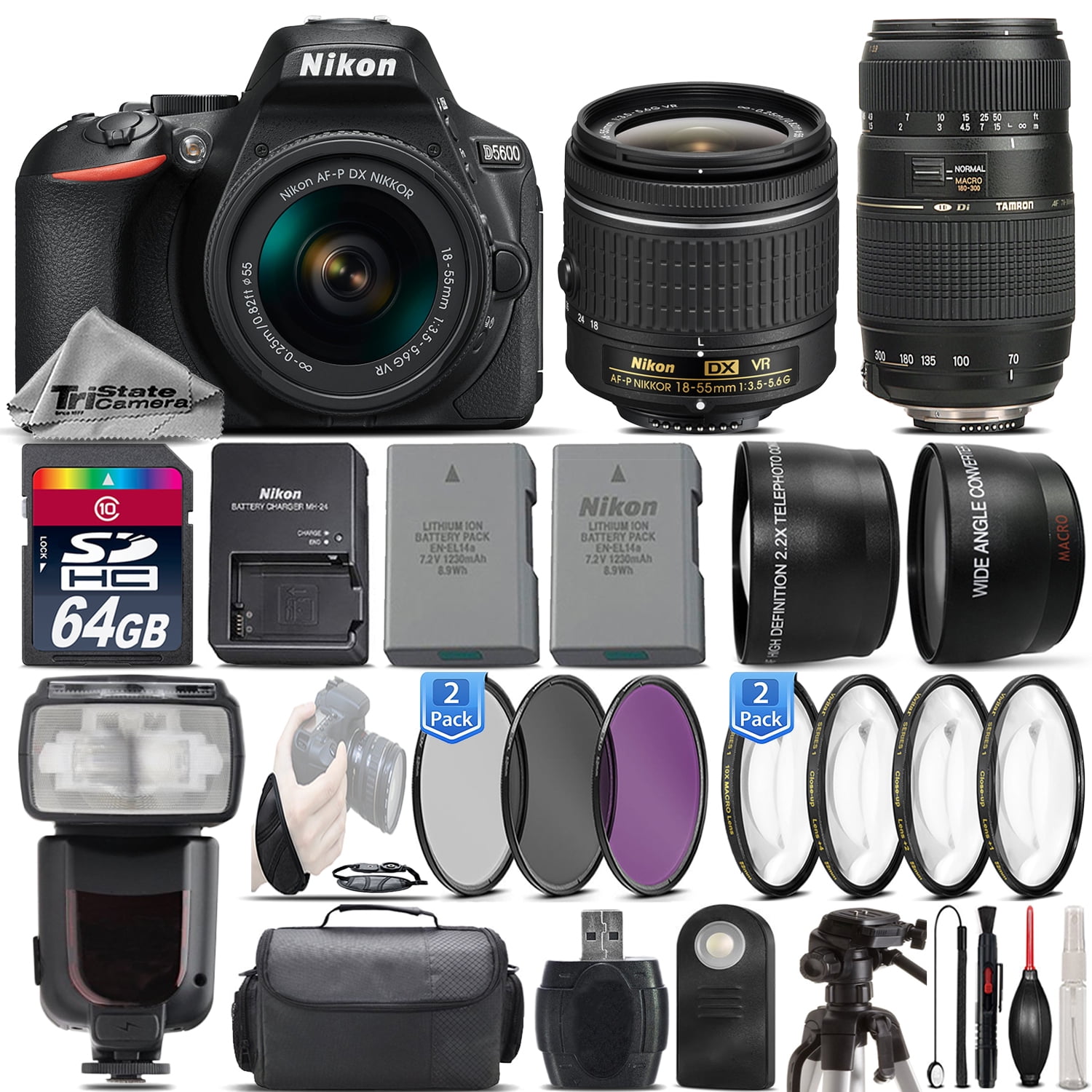 Nikon D5600 DSLR Camera + 1855mm VR Lens + 70300mm Macro + Flash