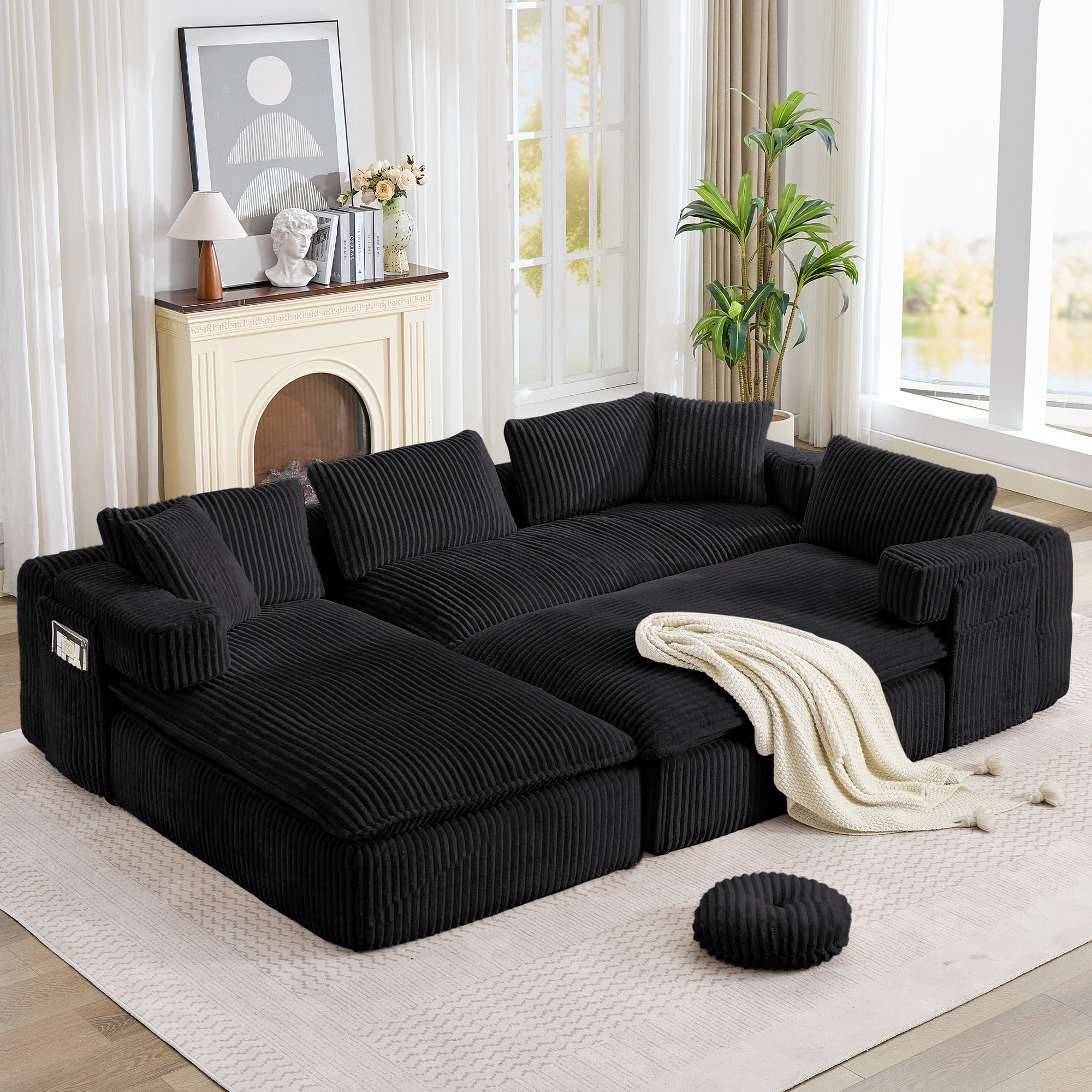 LLappuil Sectional Sofa, Oversized Sectional Couch Convertible Sofa Bed, 6 Seat Corduroy Sofa Couch with Side Pocket for Living Room, No Assembly Black