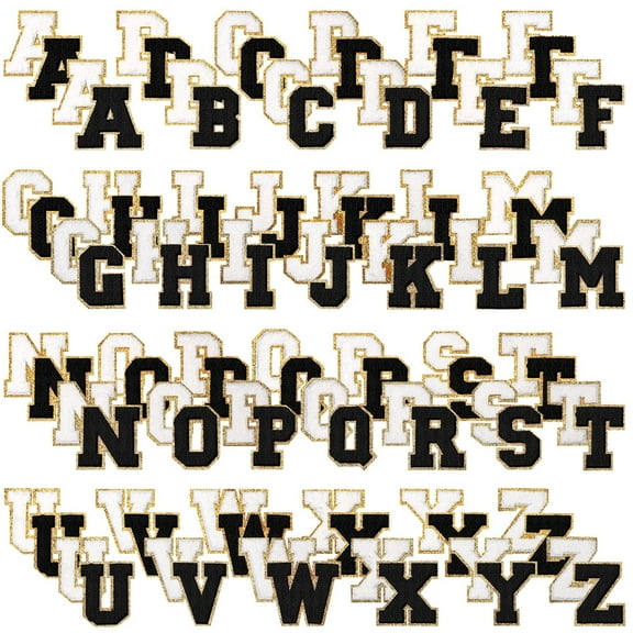 104pcs Letter Patch Iron on Chenille A-Z Repair Alphabet Applique Patches Embroidered Letter Sew on with Golden Border for Bags Shirts