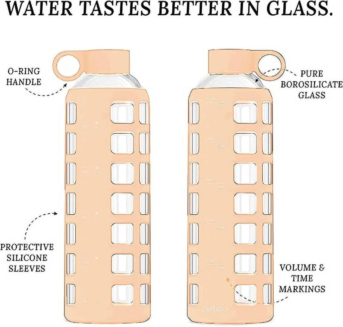 purifyou Premium 40/32/22/12 oz Reusable Borosilicate Glass Water Bottles with Time and Volume Markings, Non-Slip Silicone Sleeve & Stainless Steel Lid Insert, for Water, Milk, Juice (40oz Hazelnut)