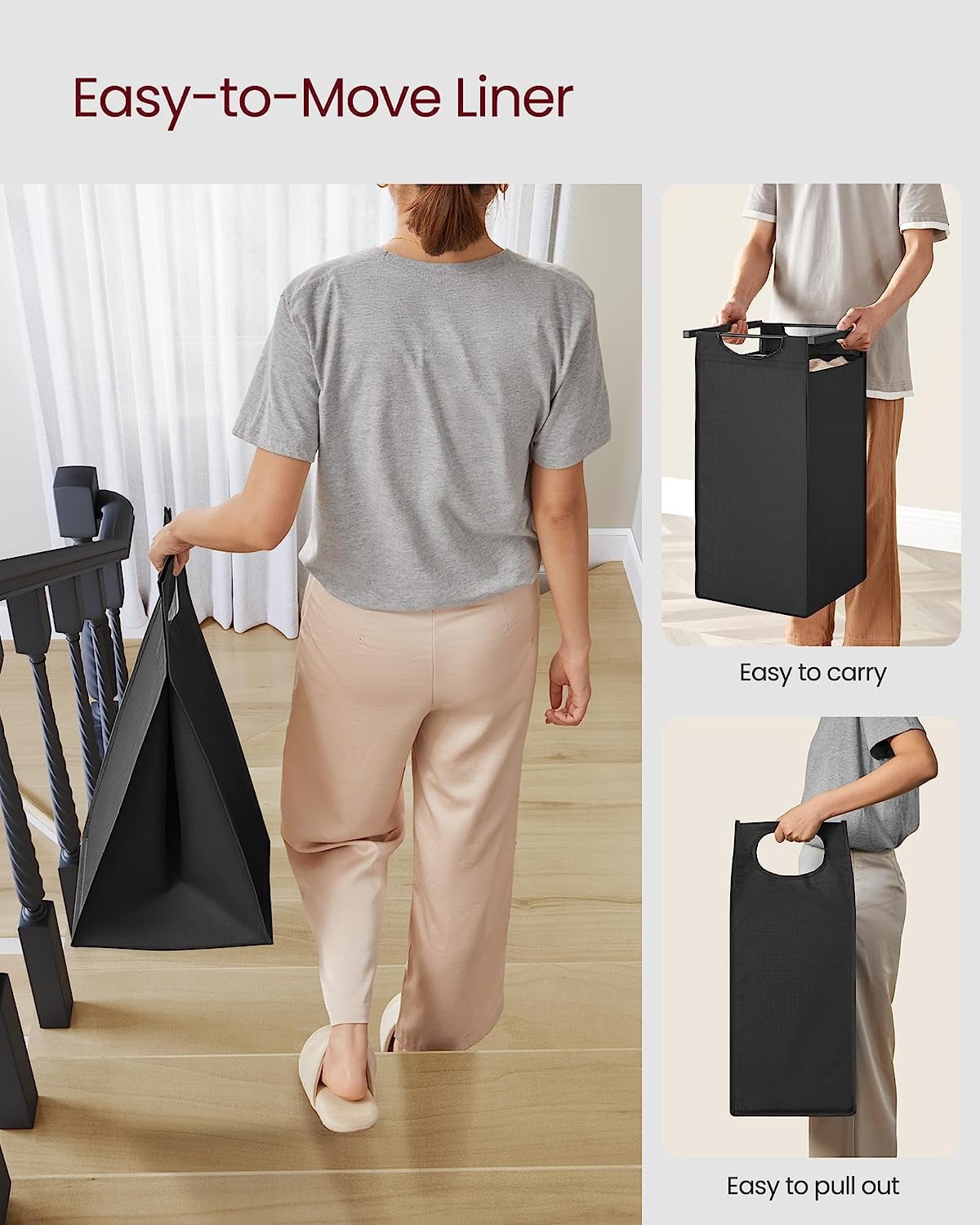 Laundry Hamper, 3 X 45L Laundry Bags & 2 Tier Adjustable Storage Shelf, Pull-Out and Removable Oxford Fabric Laundry Baskets, for Home/Hotel Black