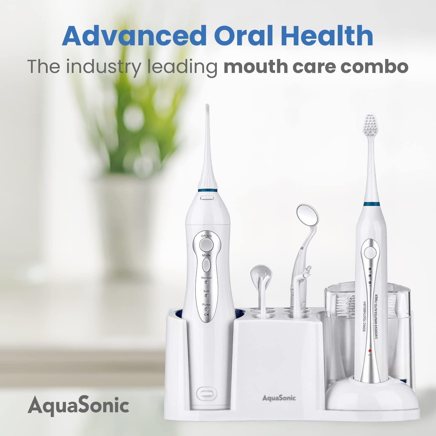 Aquasonic Home Dental Center - Electric Sonic Toothbrush & Smart Water Flosser Combo, 3 Cleaning Modes, Inductive Charging, Auto Timer, Complete Oral Care Kit for Family (White)