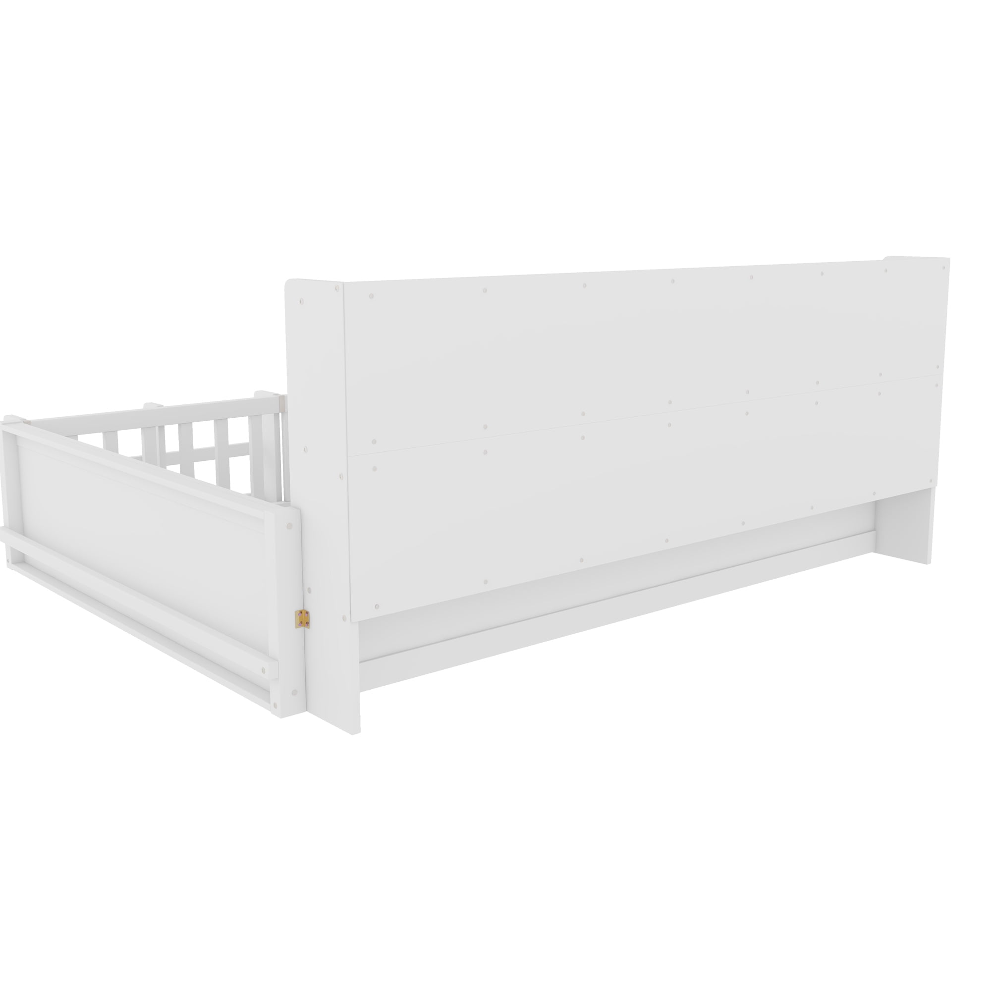 Mintazer Full Size Montessori Floor Bed with Bookshelf & Guardrails, Kids Platform Bed Frame with Storage Cubbies for Bedroom, White