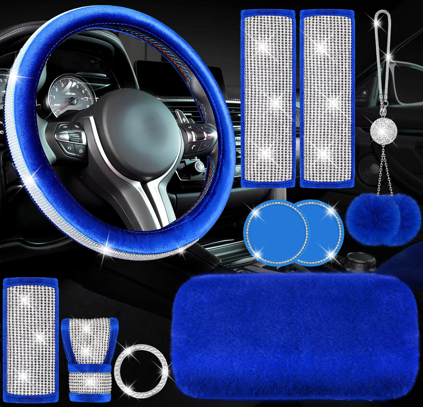 10 Pieces Bling Car Accessories Set Steering Wheel Cover Seat Belt Pads