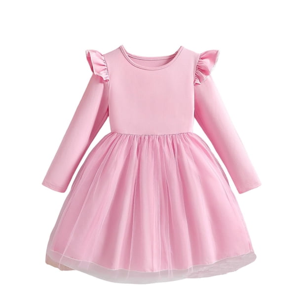 Vestido de cuello redondo y manga larga para niñas Vestido de cuello redondo y manga larga para niñas Falda de malla elegante Vestido de princesa elegante para niñas pequeñas Vestido de poliéster para