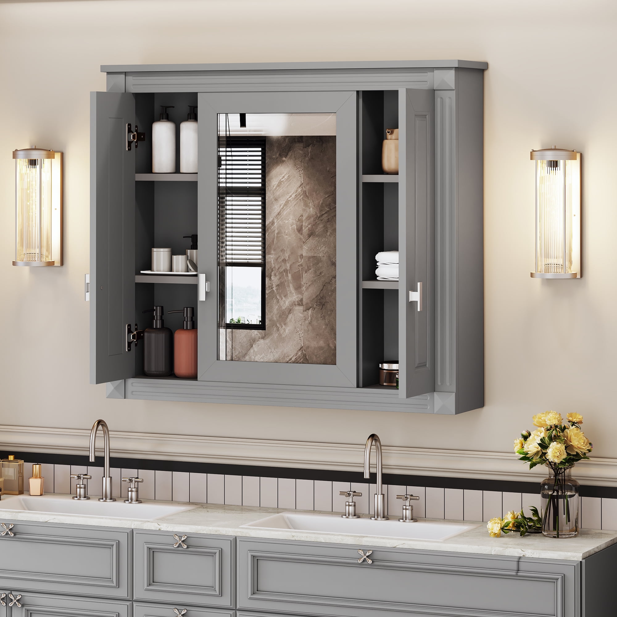 Euroco Bathroom Wall Cabinet with Mirror, Wall Mounted Medicine Cabinet with 4 Shelves, Mirrored Door Over Toilet Storage Cabinet