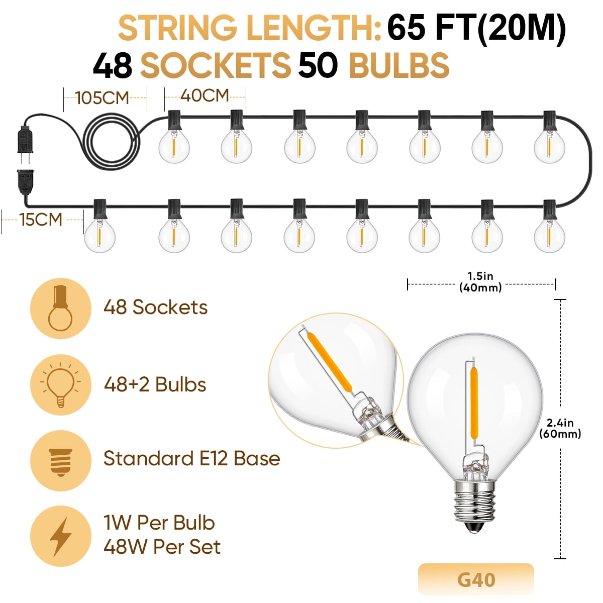 65FT LED Outdoor String Lights with 48 G40 Dimmable Globe Bulb, Waterproof  Hanging String Light for Christmas Backyard Porch Balcony Gazebo Party