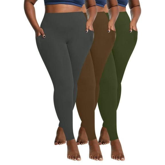 3 Pack Plus Size Leggings with Pockets for Women - High Waisted Tummy Tights Soft Stretchy Workout Yoga Pants Comfy Sweatpants with Pockets Multicolor 3XL