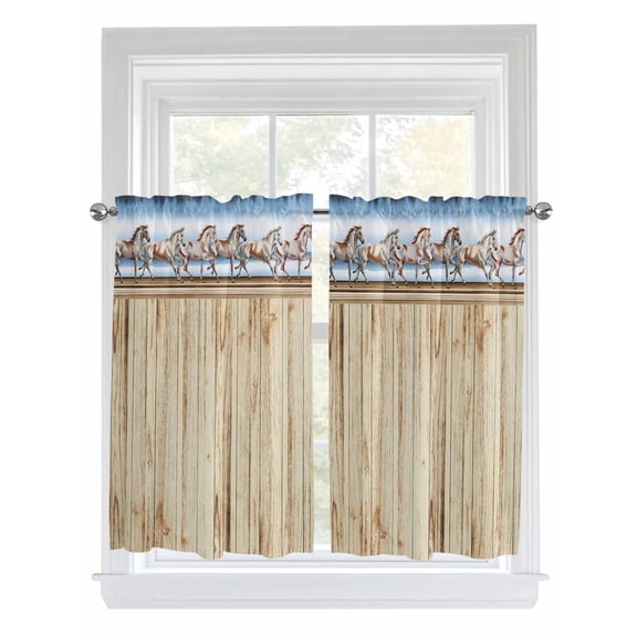 Western Horse Bathroom Window Curtain, Farmhouse Wooden Grain Vintage Cowboy Barn Door Light Filtering Coffee Kitchen Curtains, Bedroom Living Room Curtains 2 Panel 84"x54"