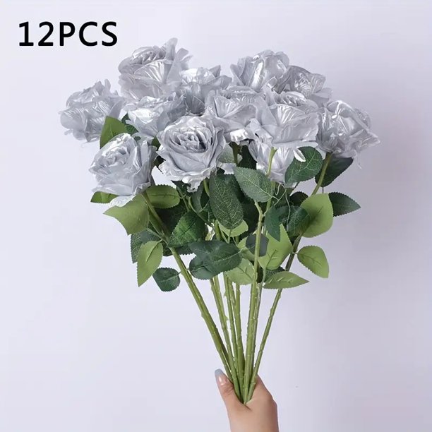 Ramo de 12 rosas plateadas artificiales en flor, ramo floral for bodas, rosas de seda suaves for decoración de salones de bodas