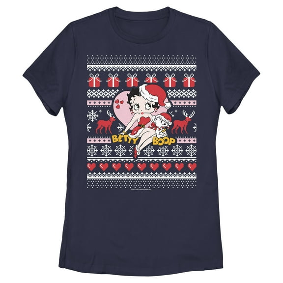Women's Betty Boop Christmas Ugly Sweater Print Graphic Tee Navy Blue X Large