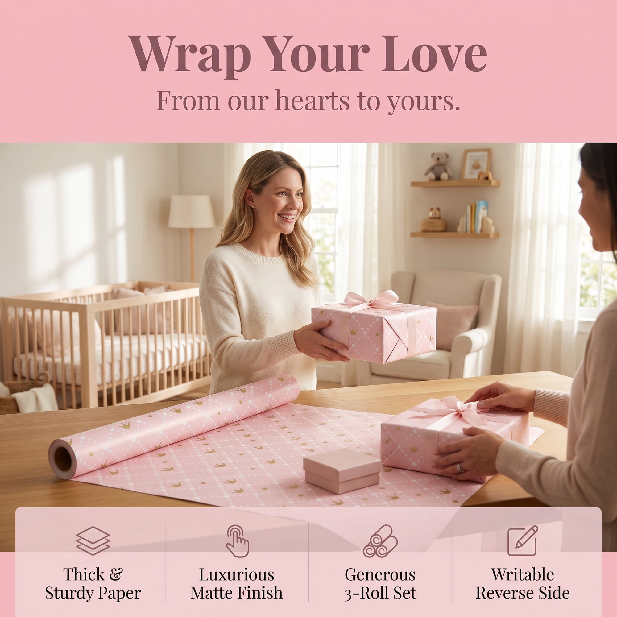 Unique Bargains Crown Patterned Luxury Gift Wrapping Paper for Occasions Pink 39.4"x 27.6"