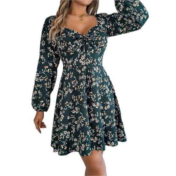 Women's Printed Sweetheart Neck Balloon Sleeve Mini Dress 100% Polyester Lightweight Everyday Summer Casual Chic Dress