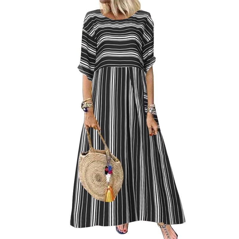 ZANZEA Womens Short Sleeve Casual Loose Striped Long Dress Tunic Maxi ...