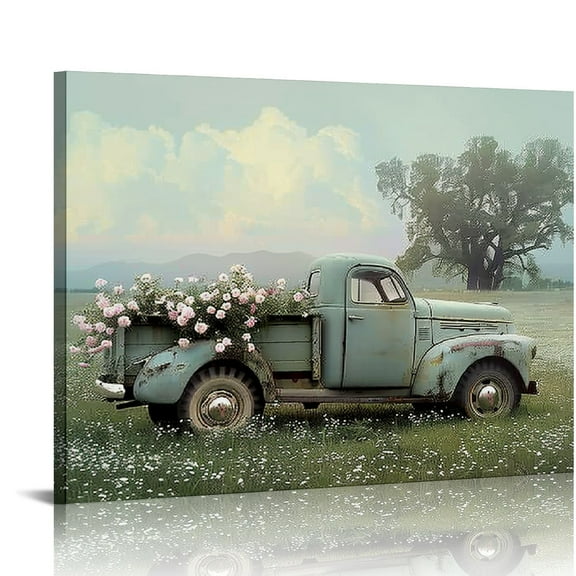 Creowell  Farmhouse Truck Canvas Wall Art Old Car and Pink Flower Picture Prints for Bedroom Home Living Room Decor with Framed 20x16 in/16x12 in
