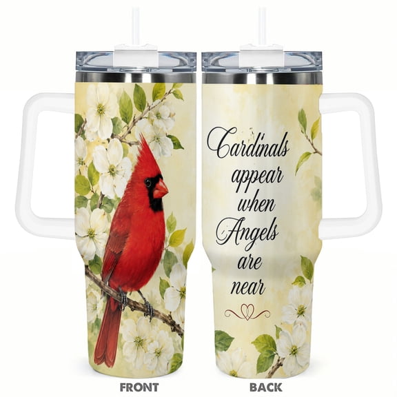 40oz Cardinal Bird Floral Travel Tumbler Inspirational Memorial Gift Stainless Steel Insulated Car Cup with Handle and Straw Nature Lover Coffee Cup