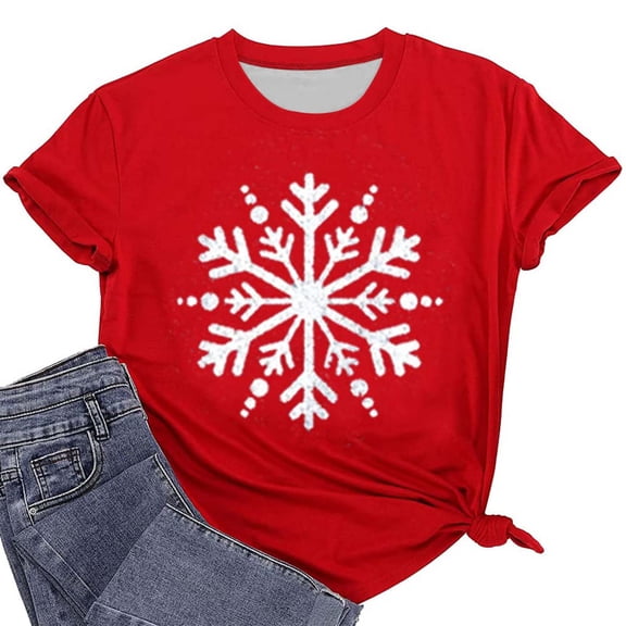 Women's Cute Christmas Snowflake Print Round Neck Short Sleeve T Shirt Thin Tee Shirts Women 100 Polyester Shirts Women for Women Women Shirt Loose Stripes Tee Women Long Sleeve T Shirt Solid Tee
