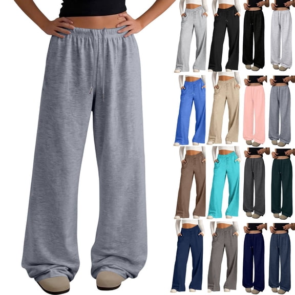 Uncuffed Pants for Women High Waisted Baggy Sweatpants Drawstring Elastic Waist Comfy Loose Fit Yoga Workout Long Trousers with Pockets Gray M