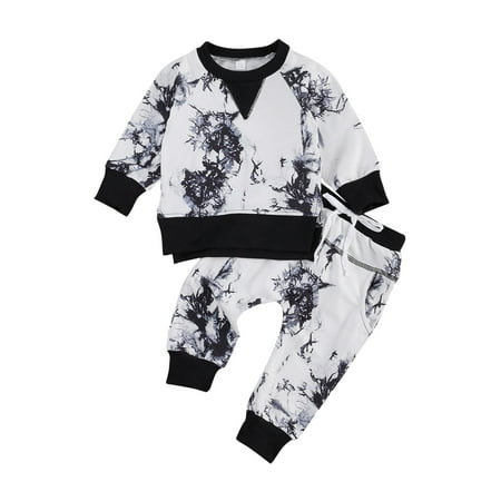

Yinyinxull Newborn Baby Boy Outfits Sweatshirt Top Long Pants Pajamas 2Pcs Tie Dye Clothes Black White 6-12 Months