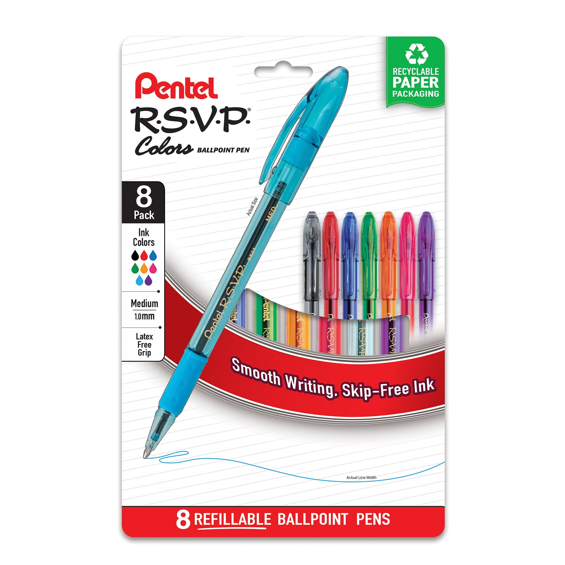 Pentel RSVP Colors Ballpoint Pen, (1.0mm) Medium Line, Assorted Ink Colors, Pack of 8 (BK91CRBP8M)