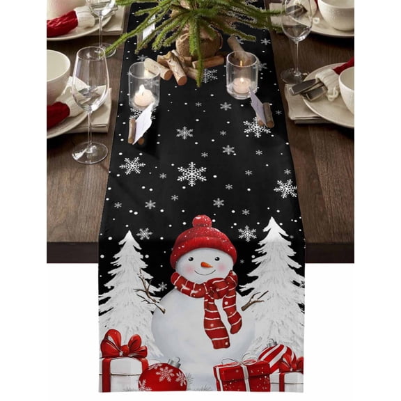 nqOlkjepod Black Christmas Table Runner 90 Inches Long Farmhouse Dress Scarves, Snowman Xmas Tree Snowflake Gifts Dining Tablerunner for Coffee Table/Kitchen Island/Party Décor, 13" x 90"