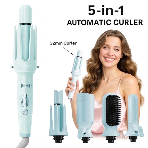 5-in-1 Hair Styling Tool with 1.25" Hair Crimper and Waver, 1" & 1.25" Automatic Curlers, Straightener Brush & Volumizing Crimper – Travel-Friendly Hair Tool
