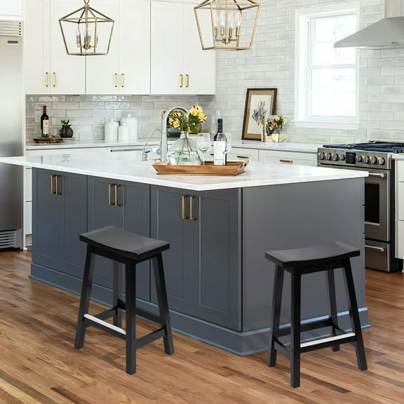 YRLLENSDAN 24 in Bar Stools Set of 2 , Counter Stools Solid Wooden Saddle Stools Kitchen Stools for Island Wood Bar Stool Counter Height Bar Stools, Black