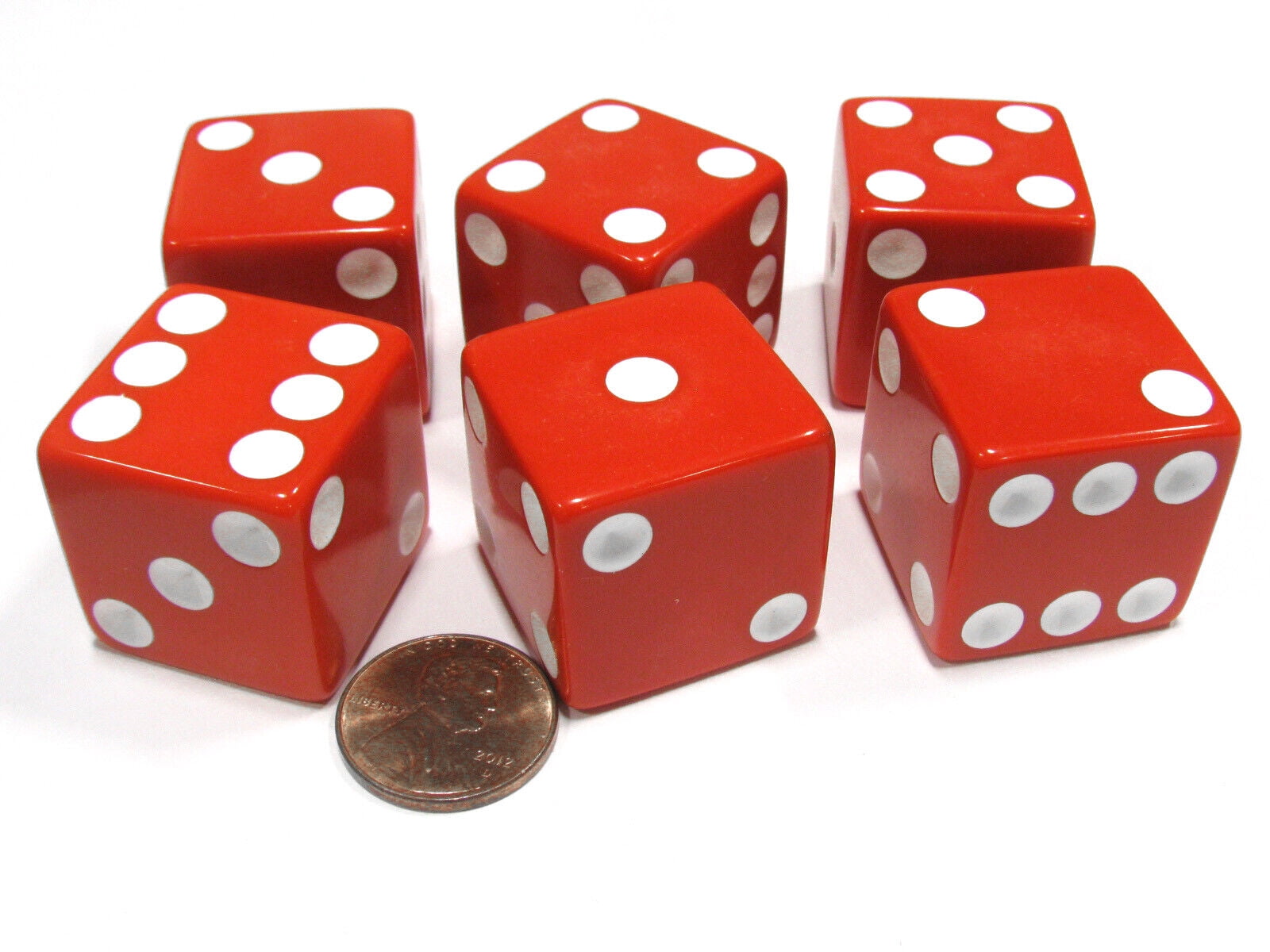 Set of 6 D6 25mm Large Opaque Jumbo Dice Red with White Pip