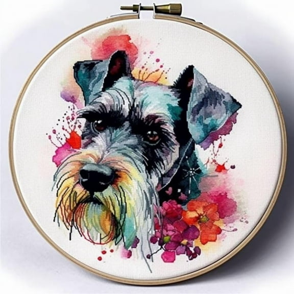 Generic Counted Easy Cross Stitch Kits Watercolor Schnauzer Color Stamped Embroidery for Starter Kits DIY 11CT Stamped Patterns Embroidery Needlework Kit Supplies 12 Inch Hoop Included(246-E)